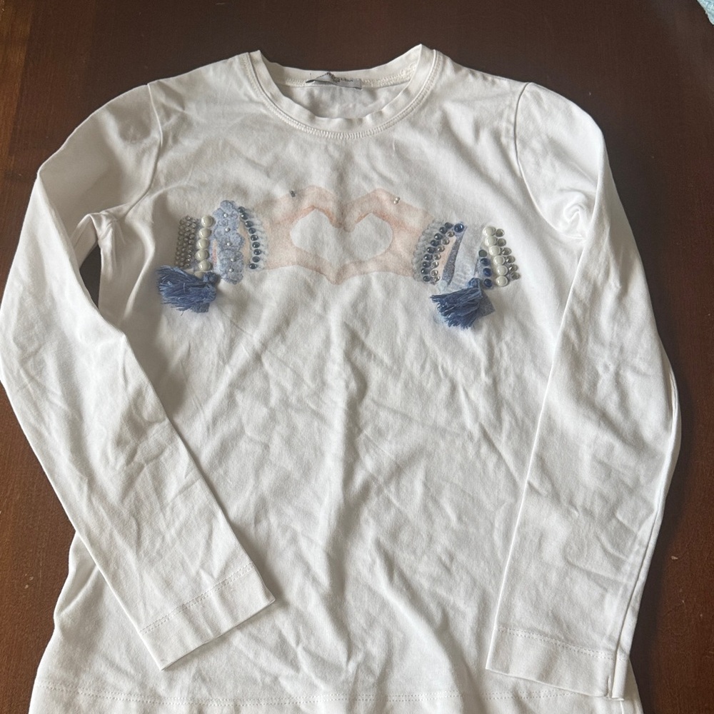 MonnaLisa White Long Sleeve Tee with Heart and Blue Accents